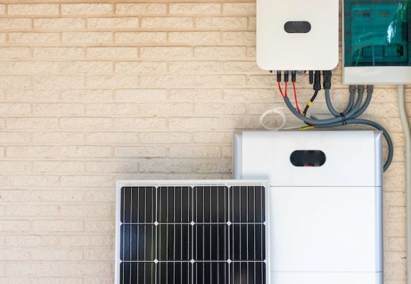 front view of photovoltaic panel and battery installation leaning on the beige white wall