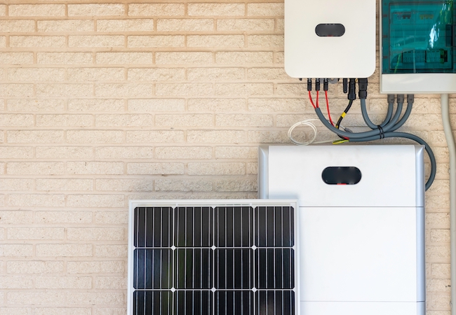 front view of photovoltaic panel and battery installation leaning on the beige white wall