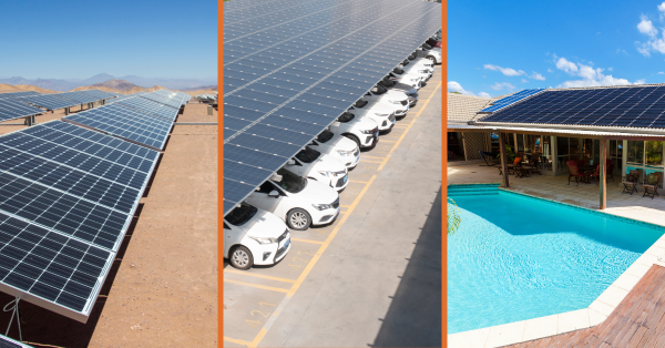 Side-by-side comparison of ground-mount solar, solar carports, and solar patio covers
